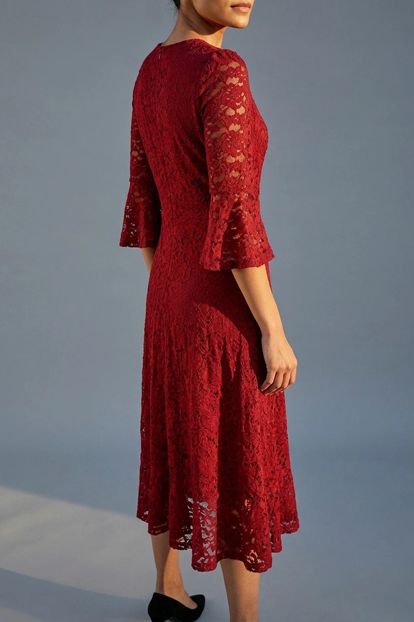 Lace Semi Sheer 3/4 Flute Sleeve Midi Dress — variant_front