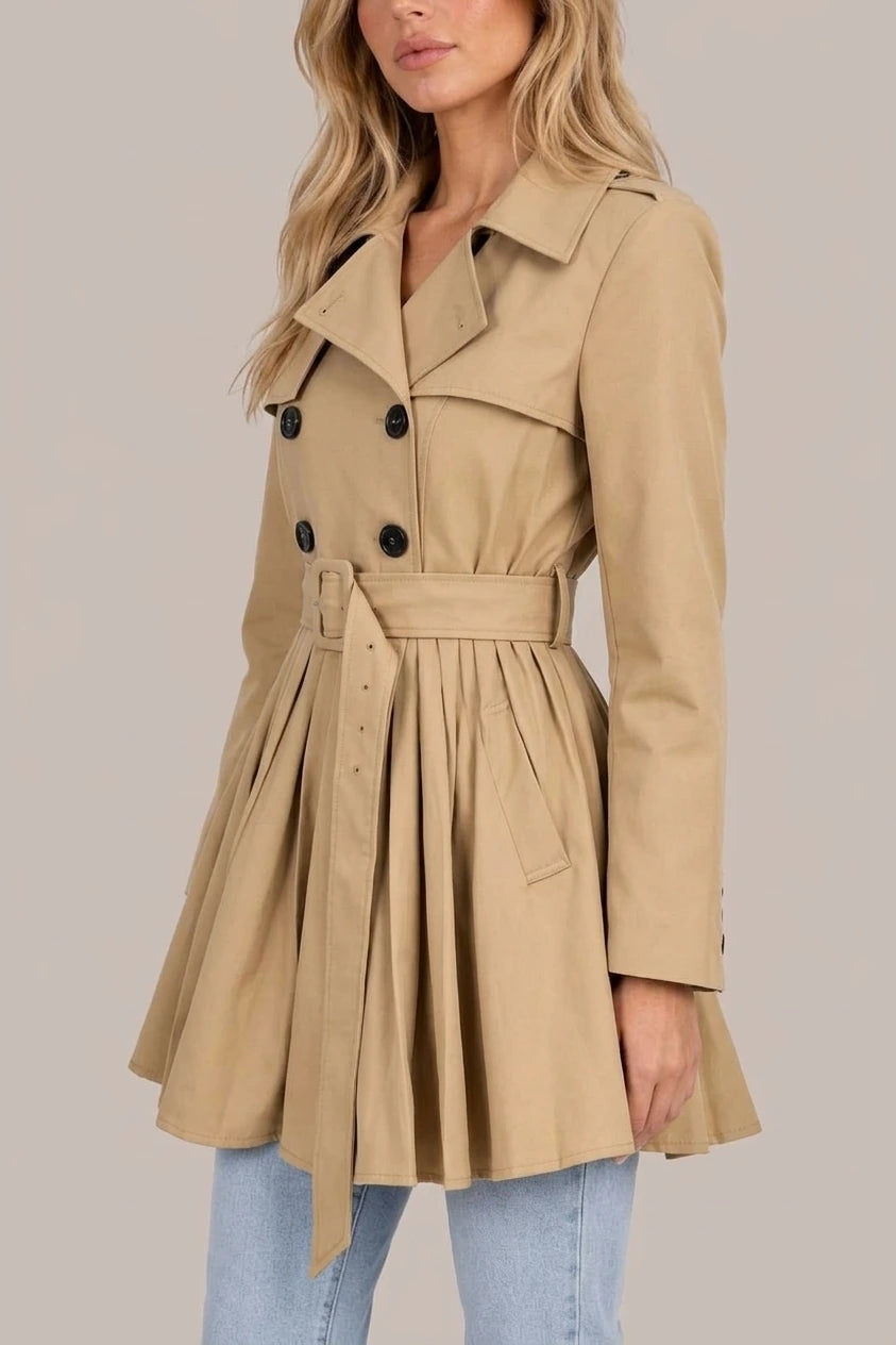 Women’s Pleated Skirt Trench Coat – Double Breasted Belted Jacket — variant_front