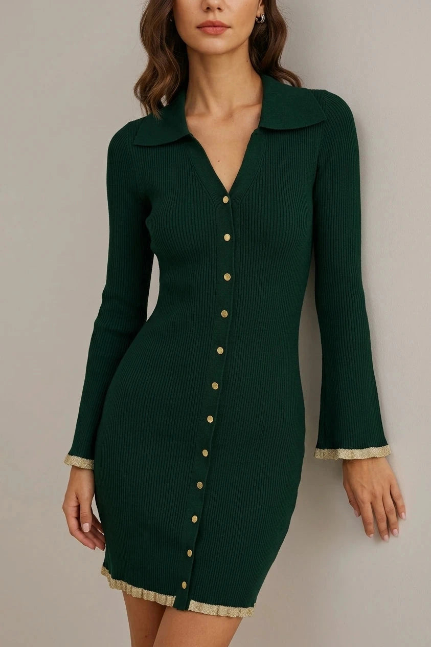 Green Bodycon Button Sweater Dress Collared V-Neck Ribbed Mini