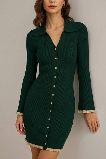Green Bodycon Button Sweater Dress Collared V-Neck Ribbed Mini