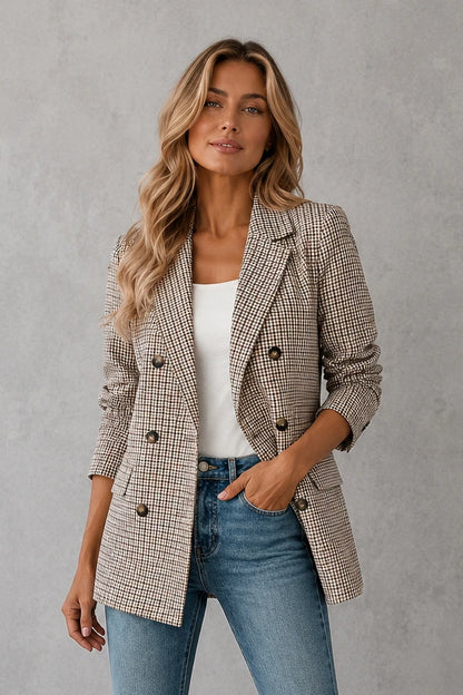 Women’s Double-Breasted Plaid Blazer – Long Sleeve Smart Tailored Jacket — gallery_01.webp