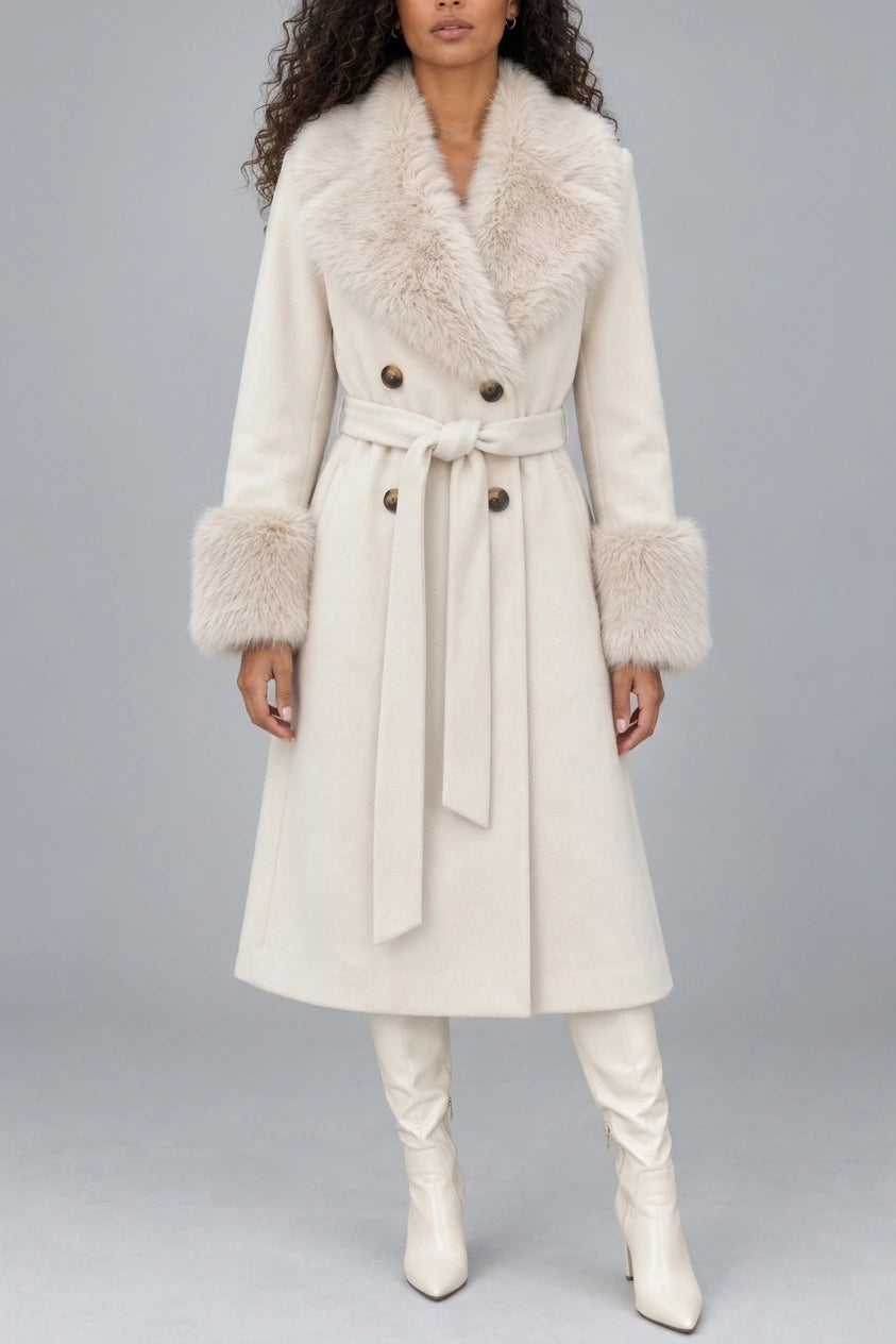 Women’s Faux Fur Collar Coat – Belted Double Breasted Long Winter Coat — variant_front