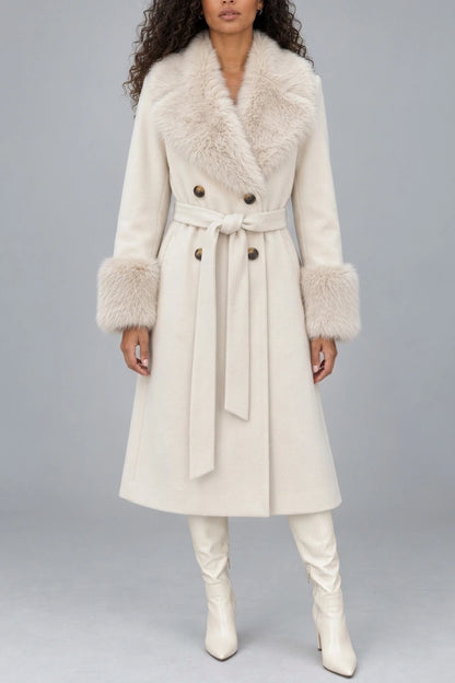 Women’s Faux Fur Collar Coat – Belted Double Breasted Long Winter Coat — variant_front