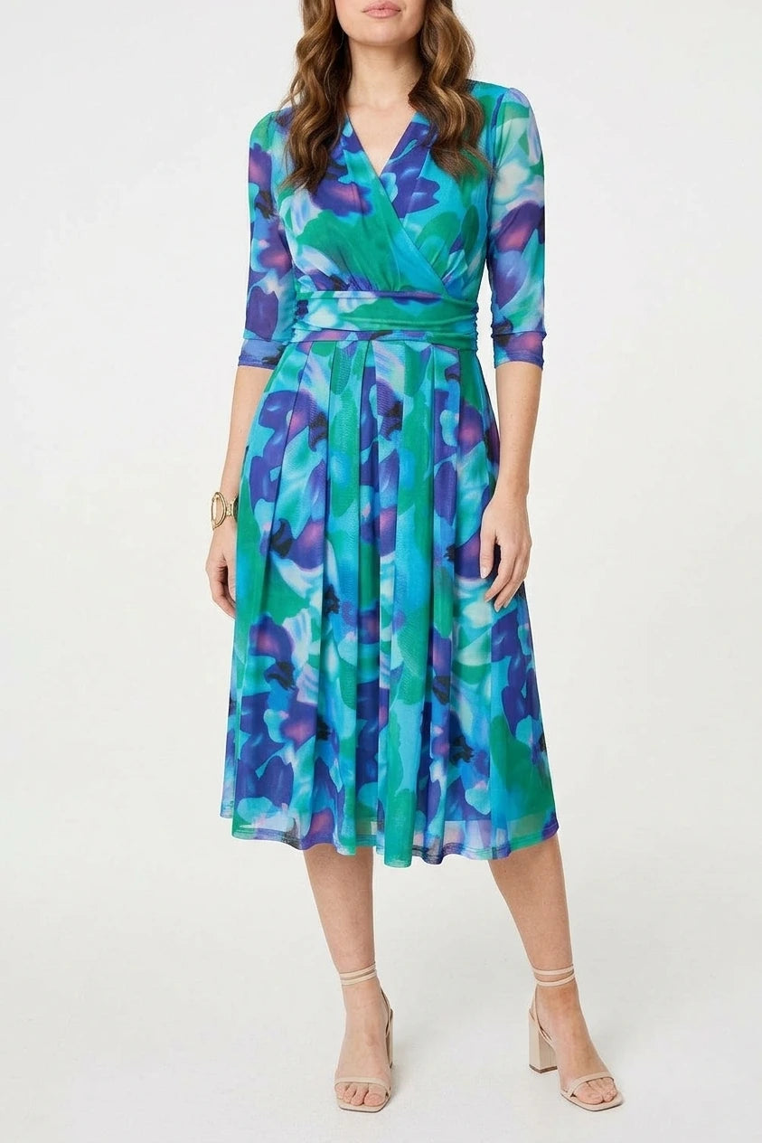 Printed Short Sleeve Pleated Wrap Midi Dress — variant_front