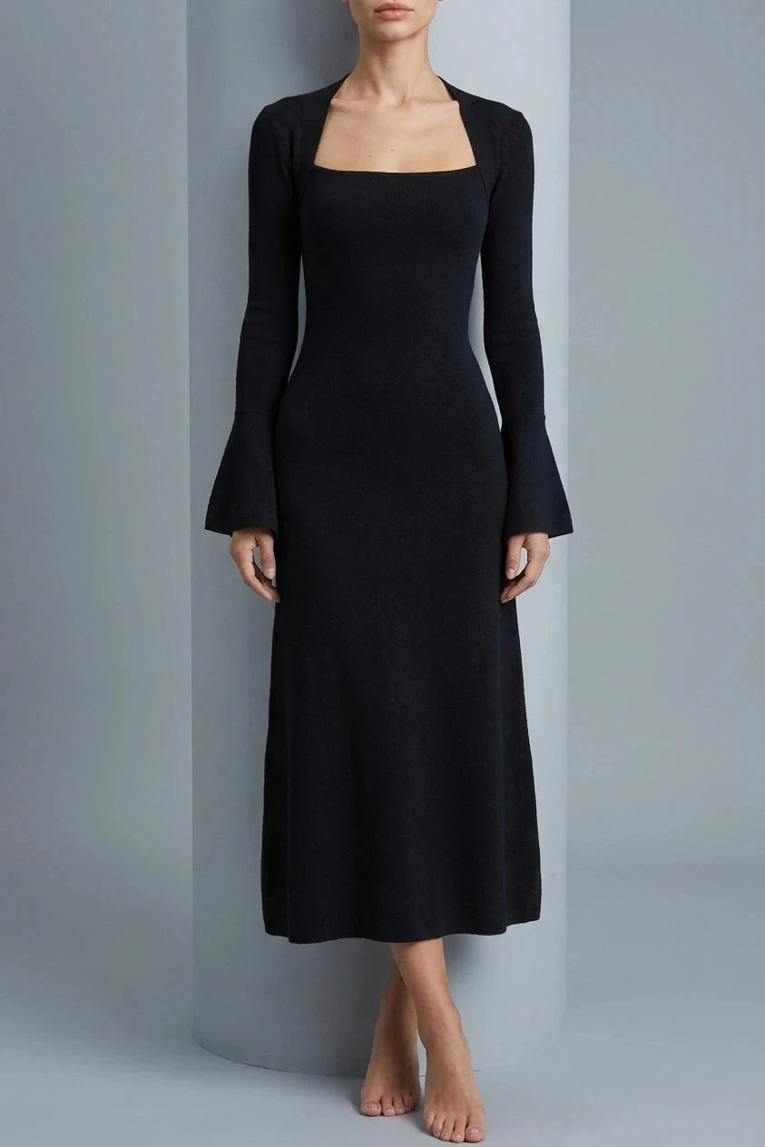 Square Neck Flare Sleeve Midi Dress With Fitted Bodice