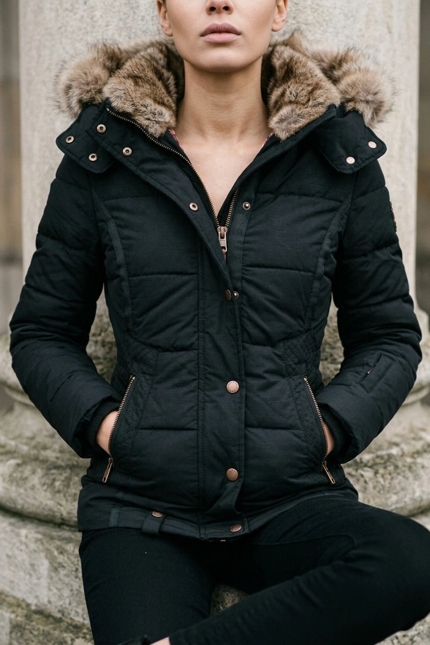 Fitted Hooded Puffer Jacket with Fur Collar Lining — variant_front