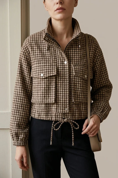 Women's Vintage British Houndstooth Jacket - Short Zip-Up Blazer with Stand Collar, Loose Fit Short Length, Zippered Outerwear Suitable for Spring/Autumn, Casual Office Wear, Machine Washable Houndstooth Suit — variant_front