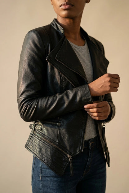 Drune | Damen Schwarze Asymmetrische PU-Leder Bikerjacke — variant_front