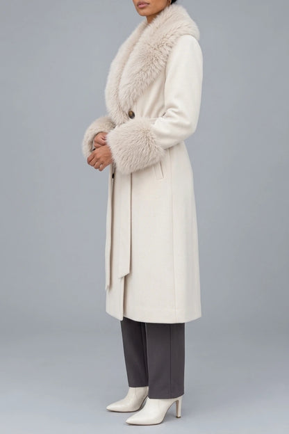 Women’s Faux Fur Collar Coat – Belted Double Breasted Long Winter Coat — variant_front
