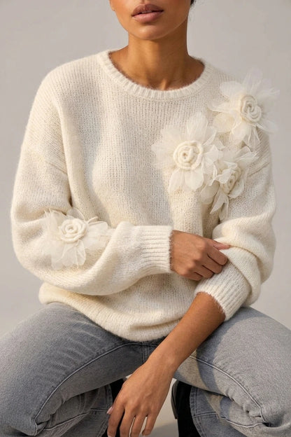 Women’s Floral Knit Jumper – Crew Neck Long Sleeve Sweater with 3D Flower Detail — variant_front
