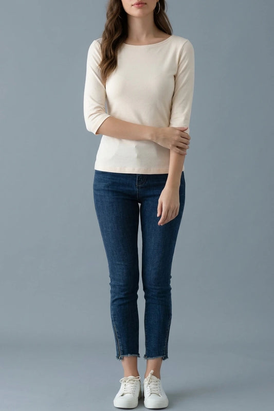 Casual Boat Neck 3/4 Sleeve T-shirt, Fitted Everyday Top — variant_front