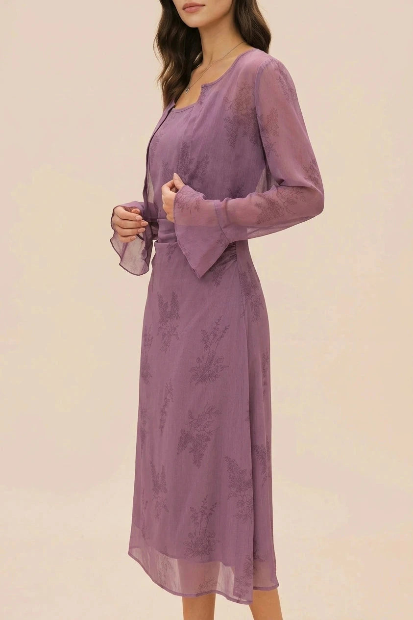Floral Ruched Slip Midi Dress With Sheer Cropped Jacket