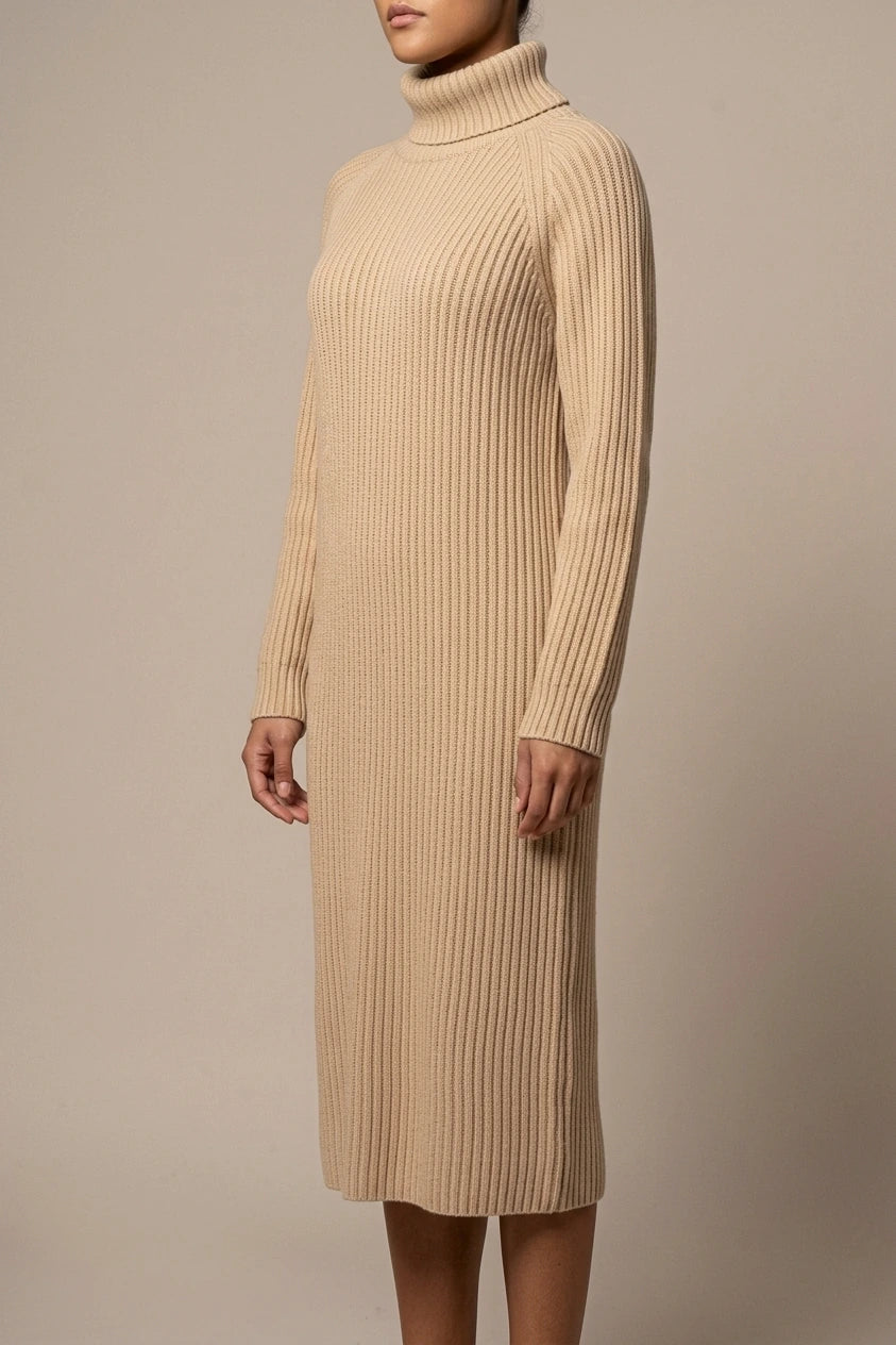 Women's Ribbed Turtleneck Midi Dress with Long Sleeves — variant_front