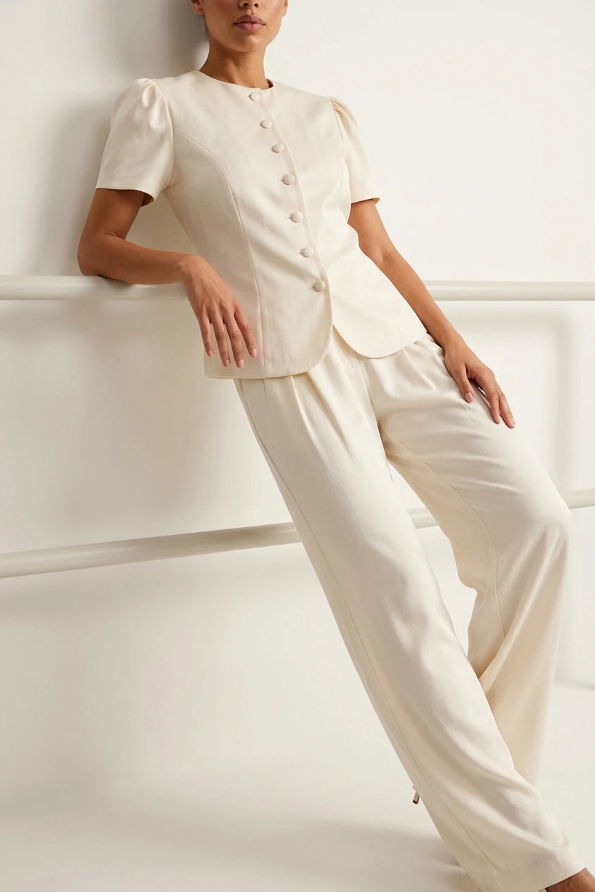 Women’s Tailored Two-Piece Trouser Suit – Short Sleeve Blazer & Wide Leg Trousers Set — variant_front