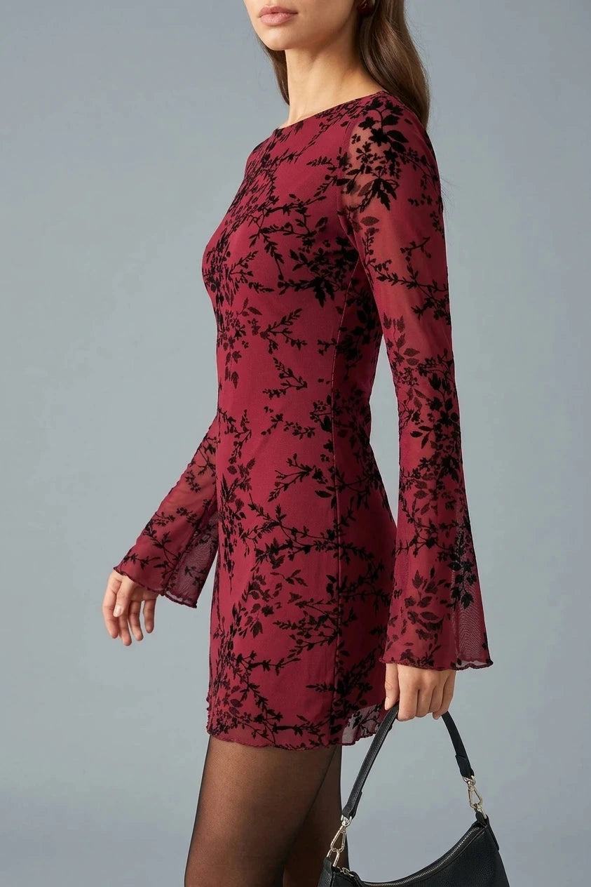 Floral Mesh Mini Dress Long Sleeve Boat Neck Fitted Silhouette