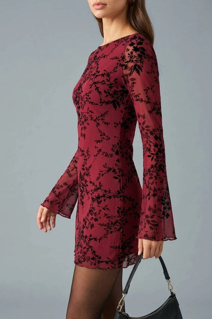 Floral Mesh Mini Dress Long Sleeve Boat Neck Fitted Silhouette