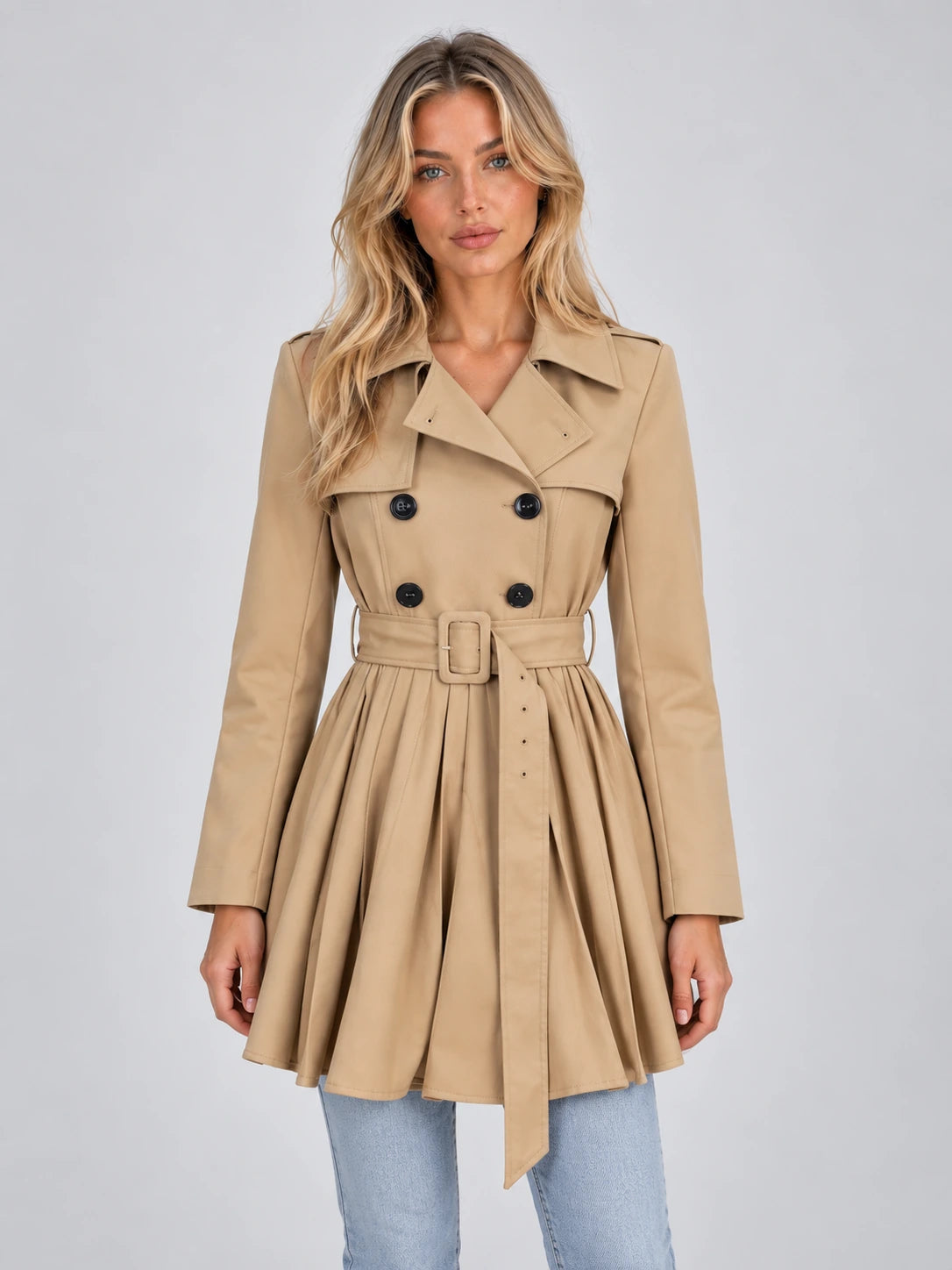 Women’s Pleated Skirt Trench Coat – Double Breasted Belted Jacket — gallery_01.webp