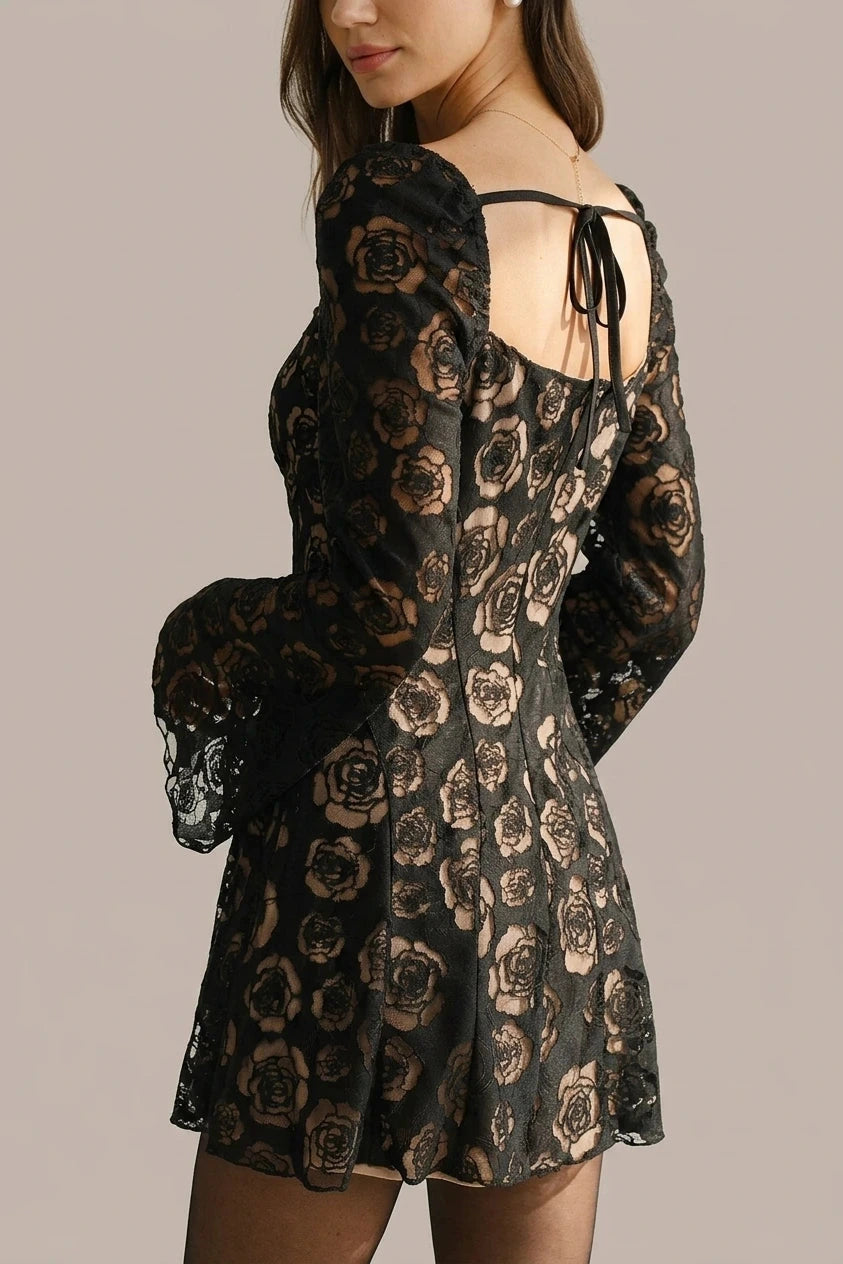 See Through Bell Sleeve Mini Dress With Square Neck And Floral Lace