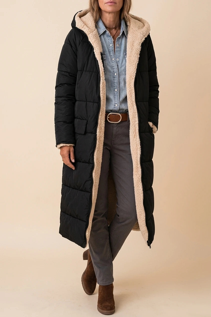 Women's Hooded Reversible Long Coat with Teddy Lining — variant_front