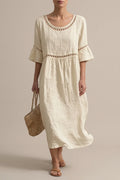 Relaxed Linen Midi Dress with Hollow-Out Detail & Flared Sleeves