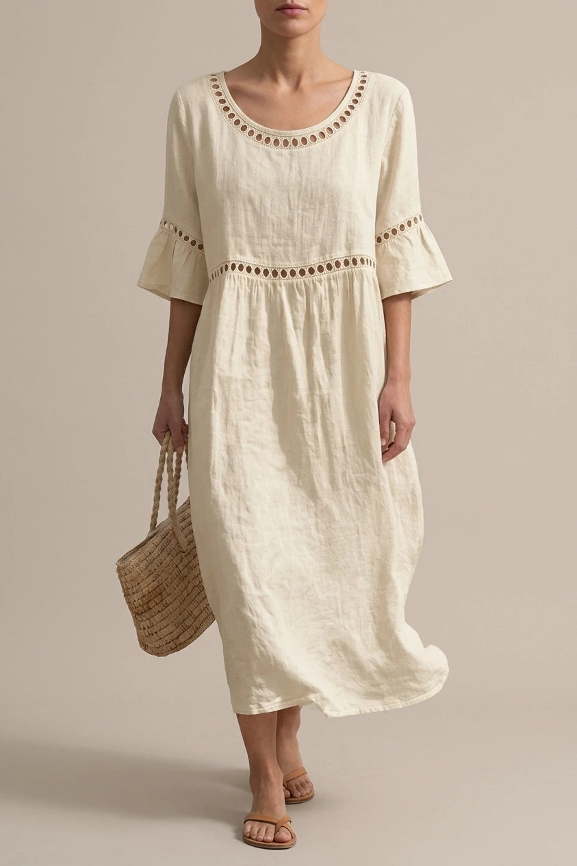 Relaxed Linen Summer Midi Dress with Hollow Out Detail and Flared Sleeves — variant_front
