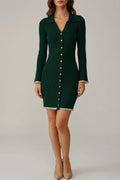 Green Bodycon Button Sweater Dress Collared V-Neck Ribbed Mini