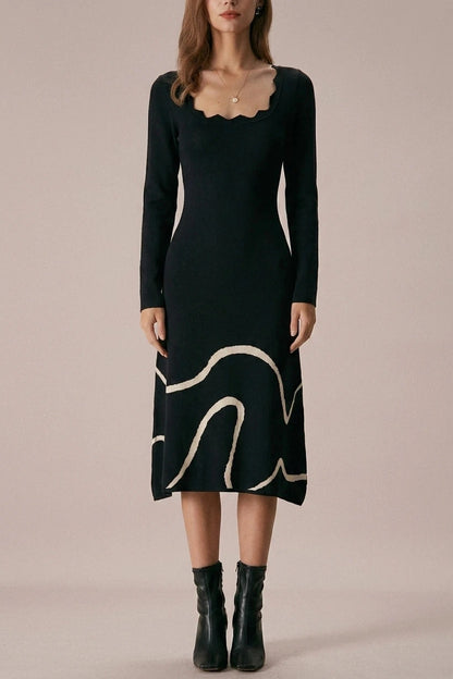 Wave Scalloped Sweater Midi Dress, Scalloped Neck Knit, Long Sleeve
