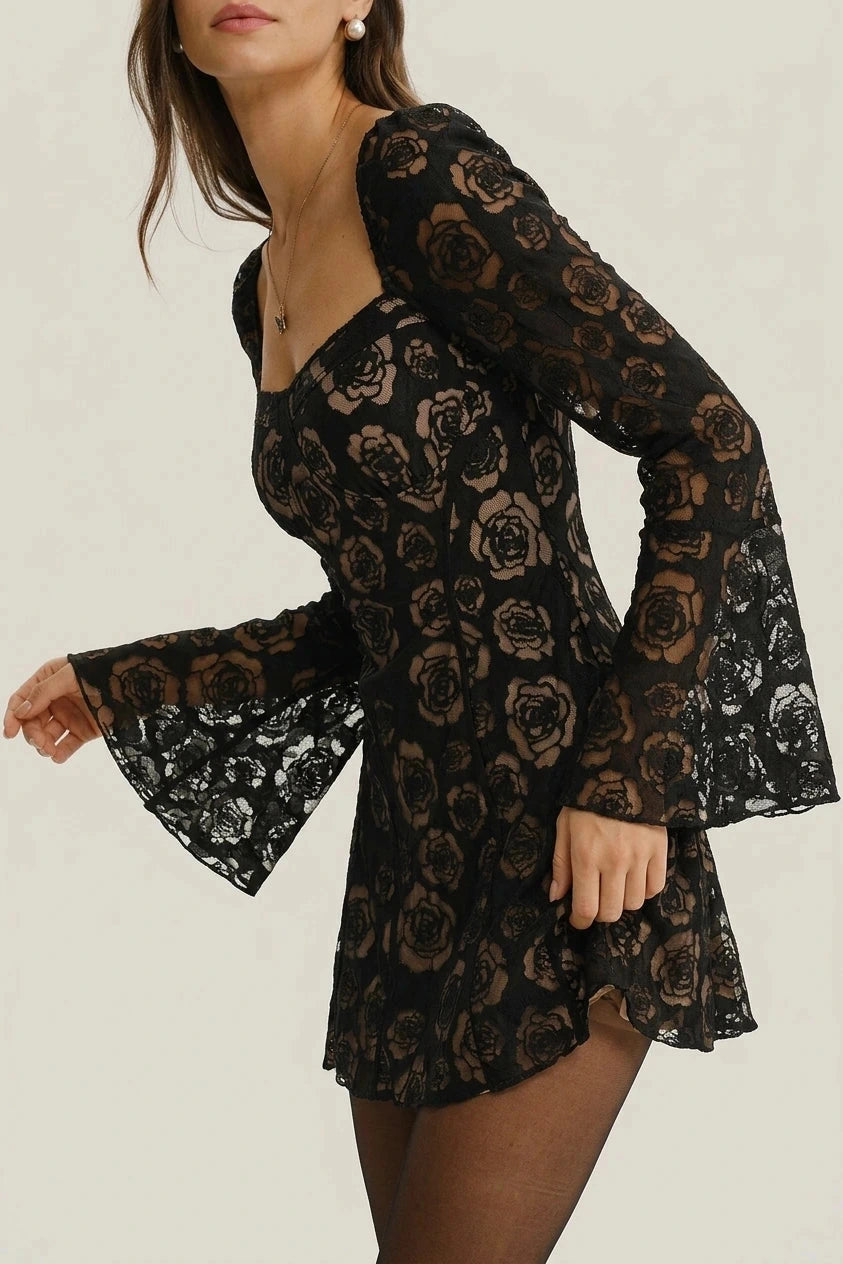 See Through Bell Sleeve Mini Dress With Square Neck And Floral Lace