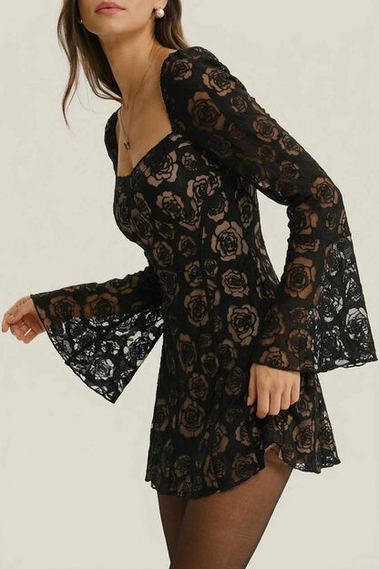 See Through Bell Sleeve Mini Dress With Square Neck And Floral Lace
