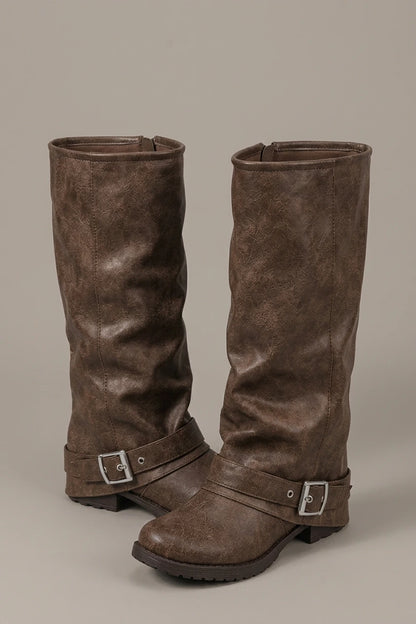 Brown Knee High Slouch Boots Buckle — variant_front