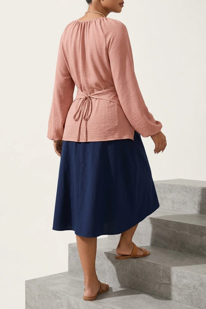 Round Neck Long Sleeves Criss Cross Lace-Up Blouse — variant_front