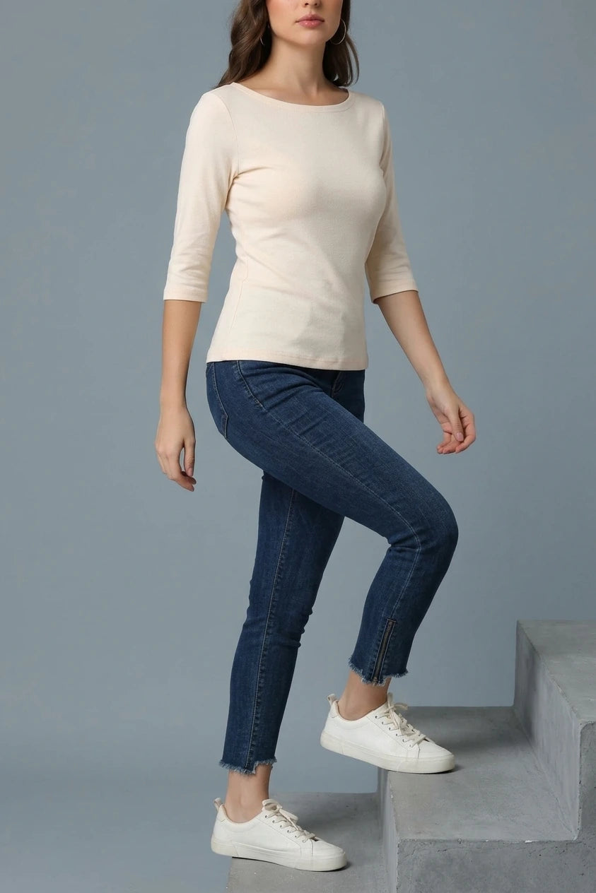 Casual Boat Neck 3/4 Sleeve T-shirt, Fitted Everyday Top — variant_front