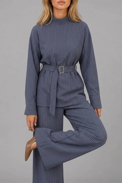 Women’s Pinstripe Two-Piece Set – High Neck Top & Wide Leg Trousers — variant_front