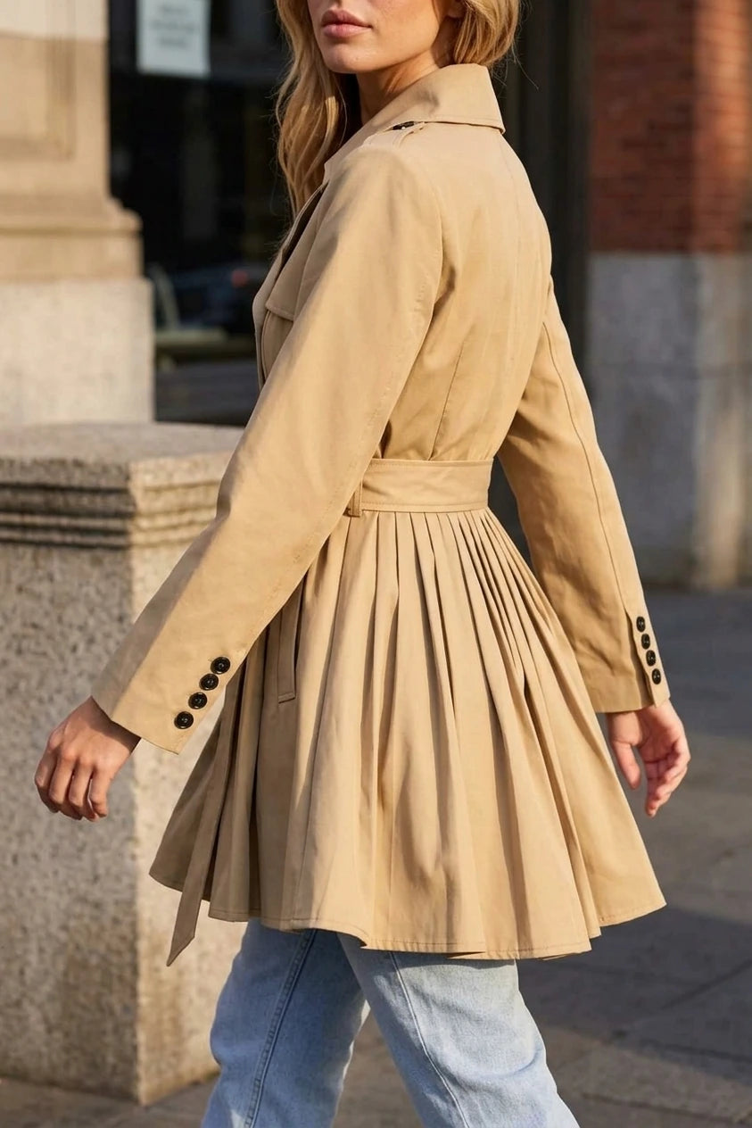 Women’s Pleated Skirt Trench Coat – Double Breasted Belted Jacket — variant_front