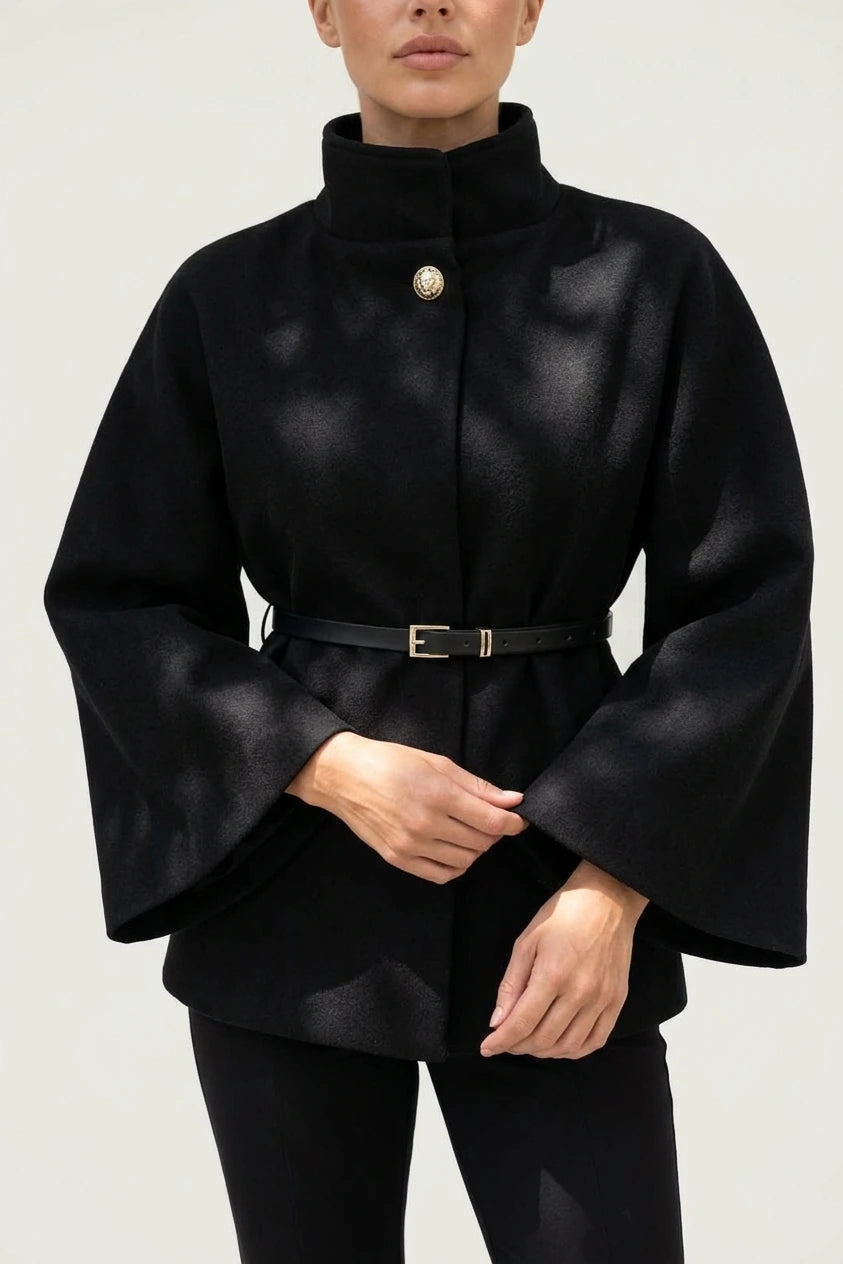Women’s Belted Cape Jacket – High Neck Flared Sleeve Coat — variant_front