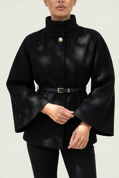 Women’s Belted Cape Jacket – High Neck Flared Sleeve Coat — variant_front