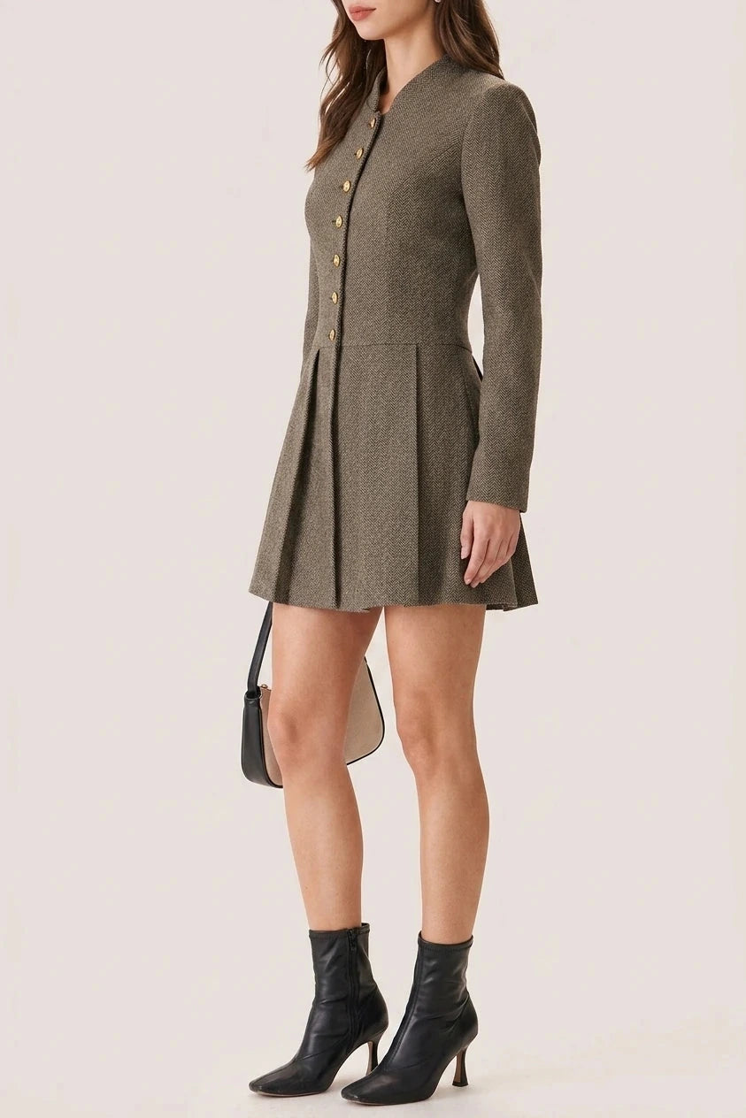 Button Pleated Mini Dress With Gold Button Detail Long Sleeve Fitted Waist