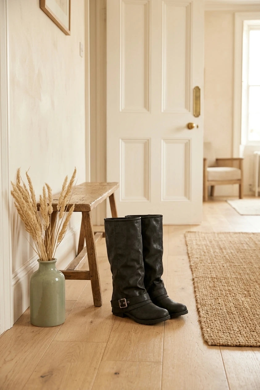 Black Slouch Boots Buckle Strap — variant_front