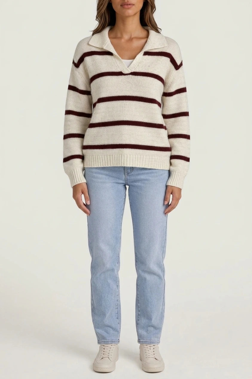 Women's Wool Striped Jumper, Collared V-Neck Long Sleeve Knit — variant_front