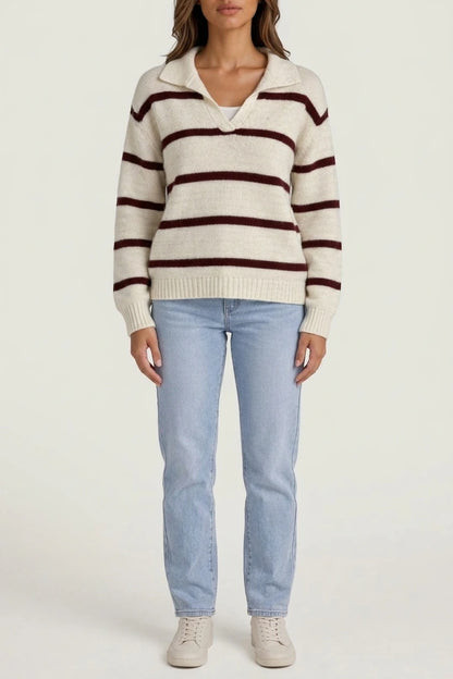 Women's Wool Striped Jumper, Collared V-Neck Long Sleeve Knit — variant_front