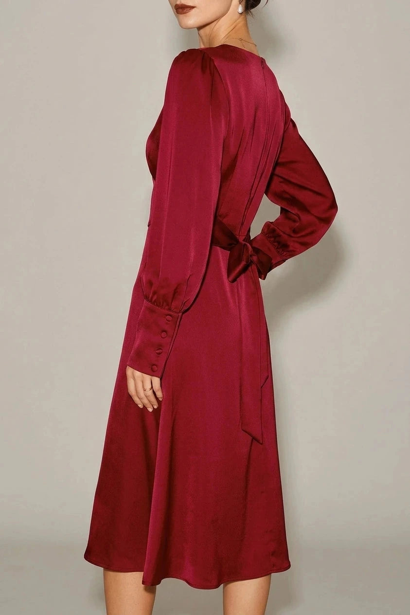 Satin A-Line Midi Dress With Puff Sleeves And Crew Neck