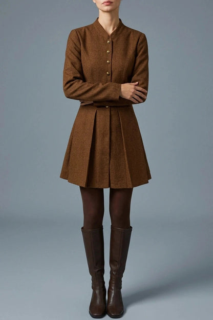 Ruched Button A-Line Mini Dress With Fitted Bodice And Pleated Skirt