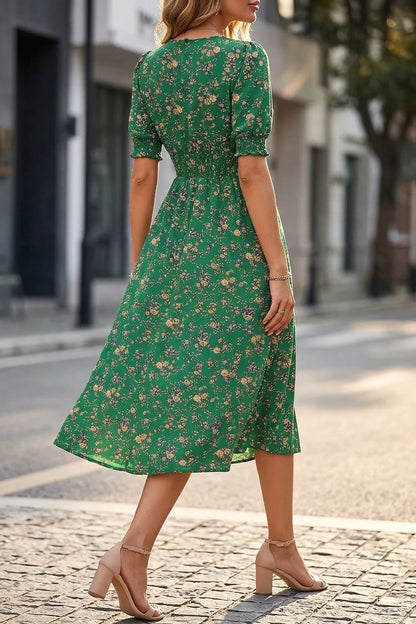Floral Puff Sleeves Smocked Waist A-Line Midi Dress — variant_front