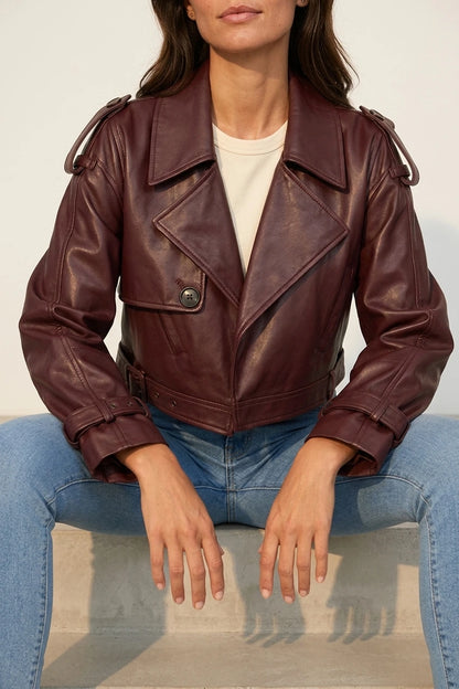 Women’s Leather Biker Jacket – Belted Cropped Style — variant_front