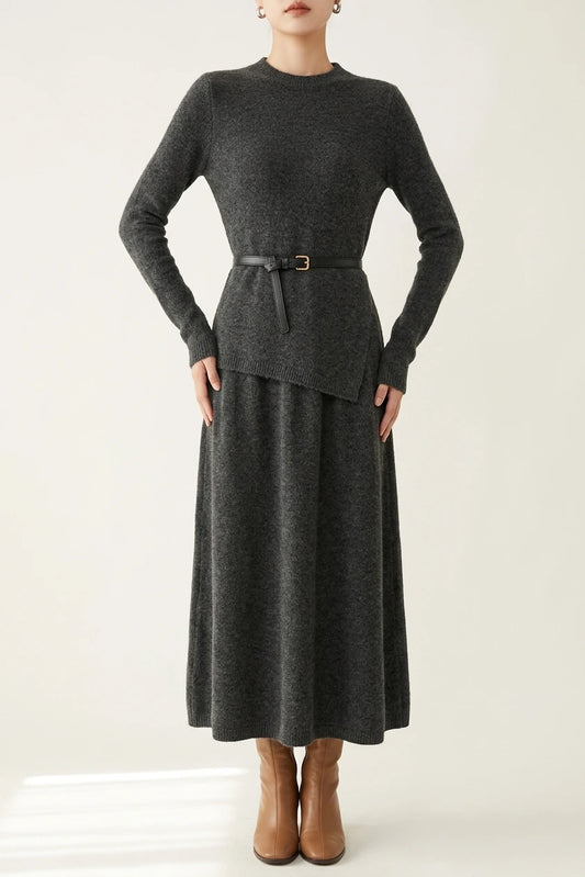 Women's Belted Asymmetric Knit Midi Dress Long Sleeve — variant_front