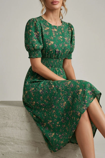 Floral Puff Sleeves Smocked Waist A-Line Midi Dress — variant_front