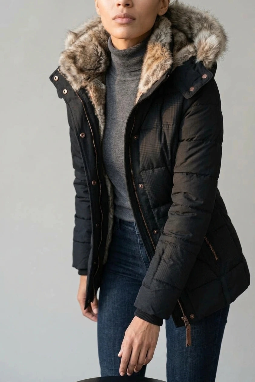 Fitted Hooded Puffer Jacket with Fur Collar Lining — variant_front