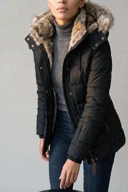 Fitted Hooded Puffer Jacket with Fur Collar Lining — variant_front