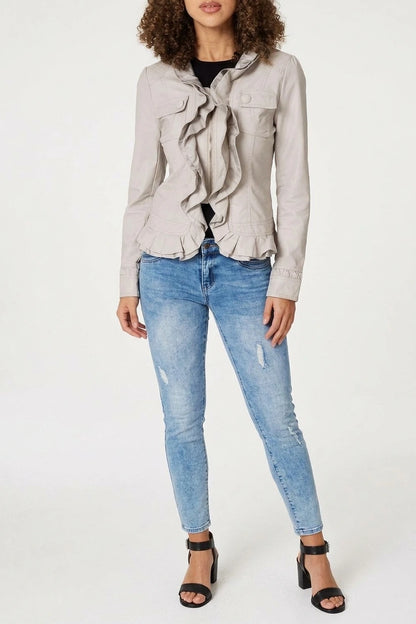 Frilled Front Faux Leather Jacket — variant_front