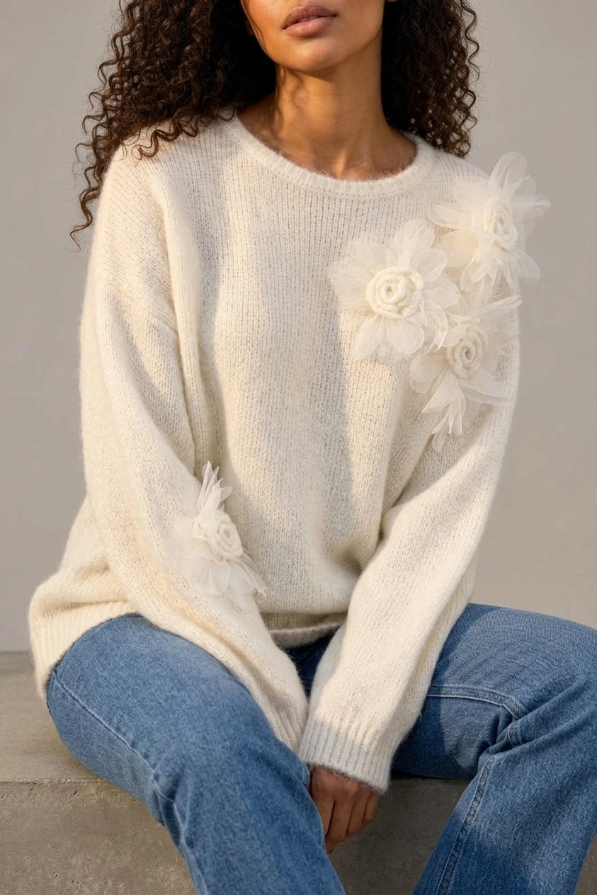 Women’s Floral Knit Jumper – Crew Neck Long Sleeve Sweater with 3D Flower Detail — variant_front